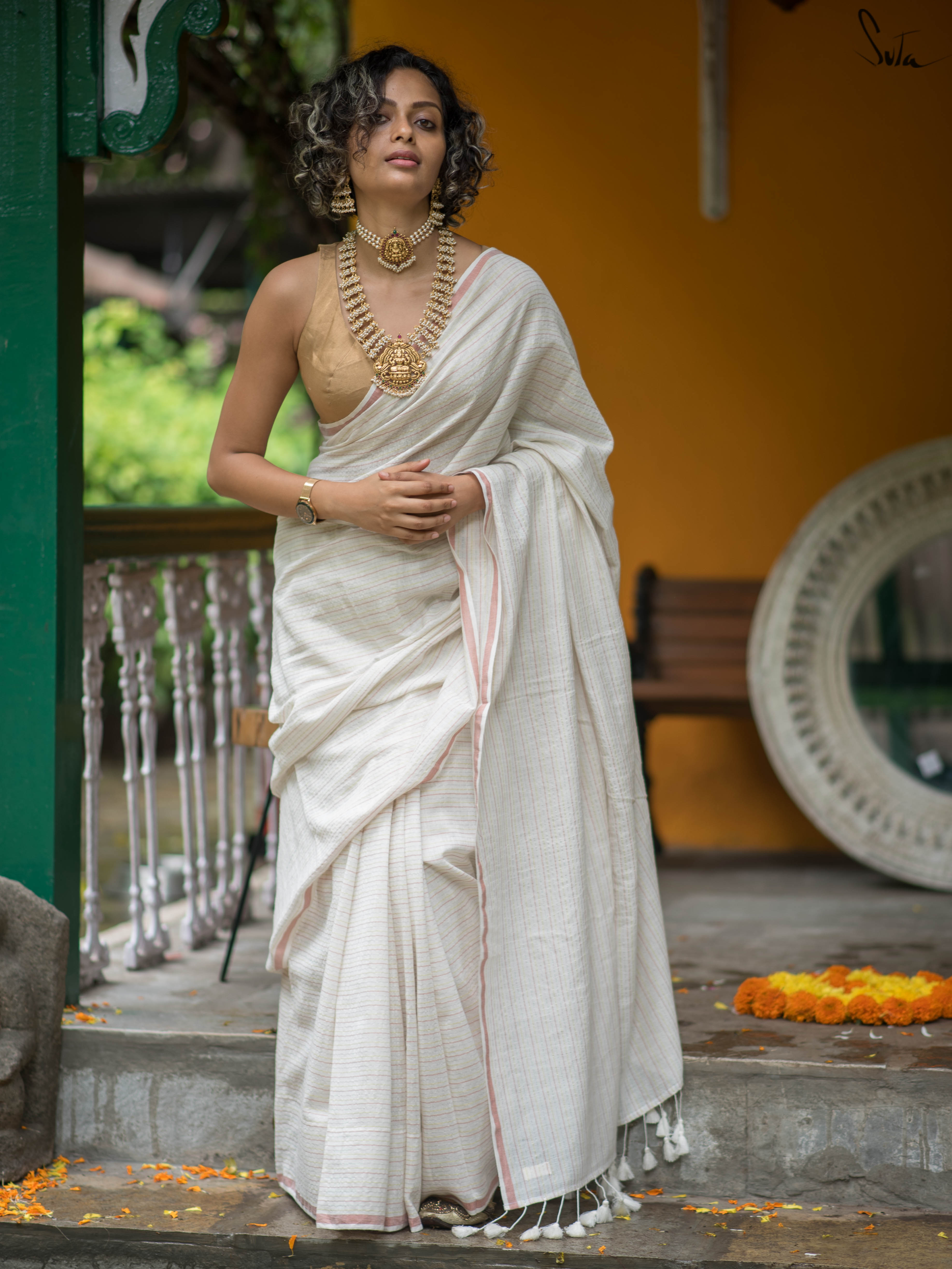 White Soft Cotton Tassels And Stripes Kasavu Onam Saree With Zari Border