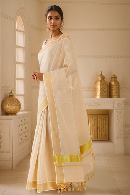 Gold Tissue Kasavu Saree With Zari Pallu And Borders