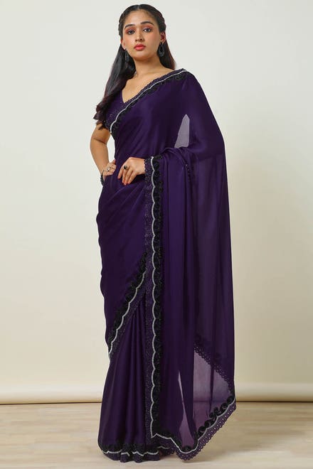 Purple Crepe Saree With Stone Work
