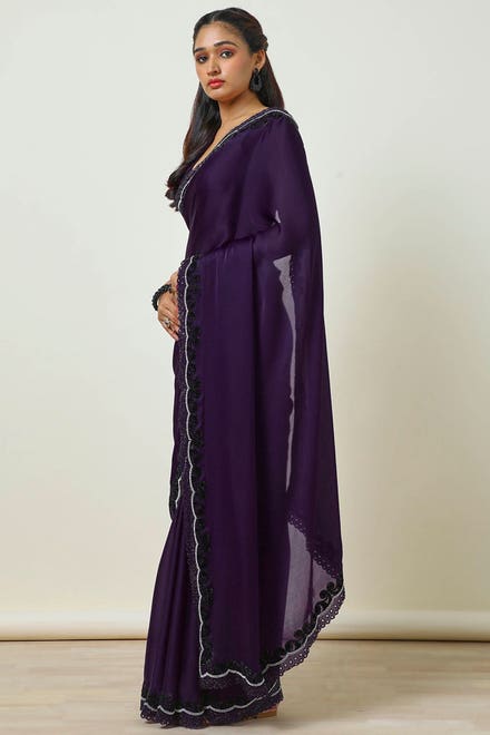Purple Crepe Saree With Stone Work