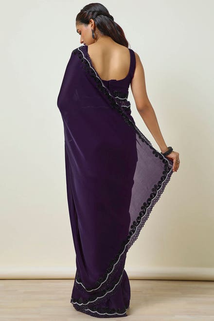 Purple Crepe Saree With Stone Work