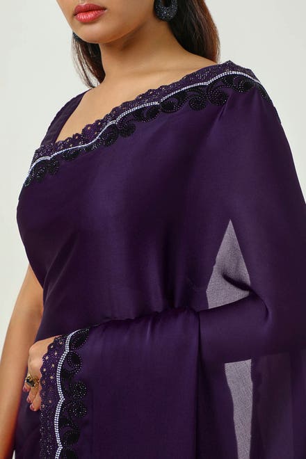Purple Crepe Saree With Stone Work