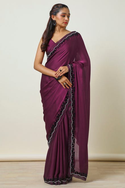 Wine Crepe Saree With Stone Work