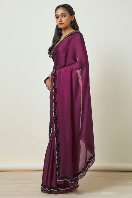 Wine Crepe Saree With Stone Work