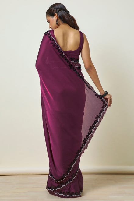 Wine Crepe Saree With Stone Work