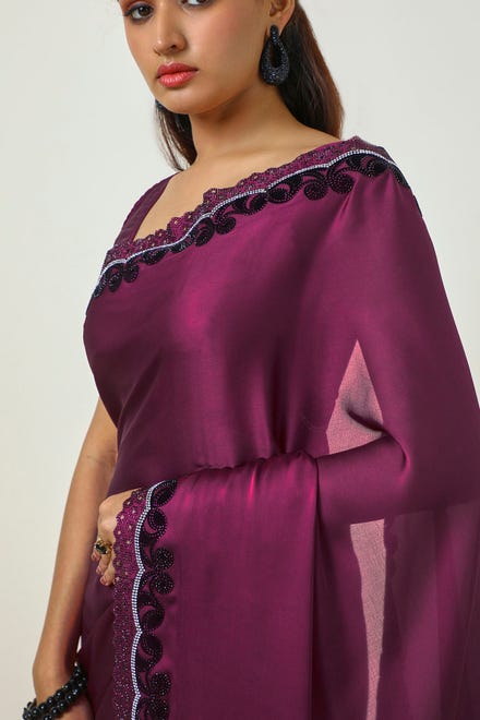 Wine Crepe Saree With Stone Work