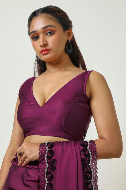 Wine Crepe Saree With Stone Work